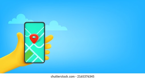 Hombre sujetando un smartphone con aplicación de navegación. Ilustración vectorial de estilo comic 3d