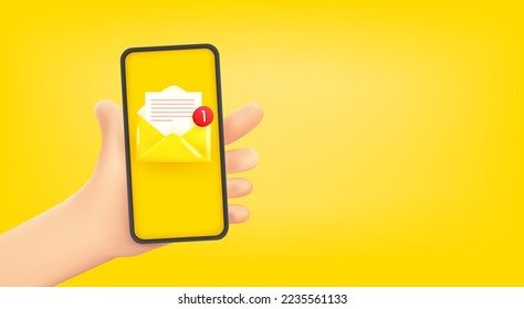Man holding smartphone with new email. 3d vector banner with copy space