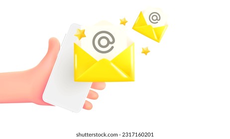 Man holding smartphone with new emails. 3d banner with copy space