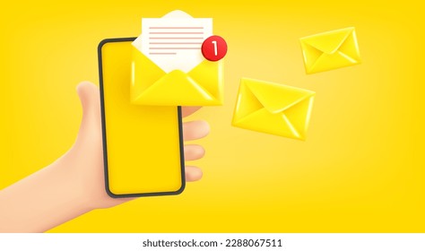 Man holding smartphone with new messages. 3d vector banner with copy space