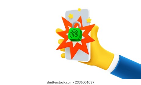 Man holding smartphone with padlock on the screen. 3d vector banner with copy space