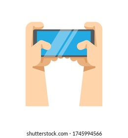 Hombre sujetando el smartphone y jugando. Concepto de juego móvil. Estilo de caricatura plano. Ilustración vectorial.