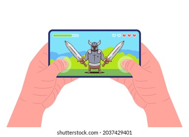 Man holding smartphone and playing the game. Mobile gaming concept. Warrior character on screen. Vector illustration.