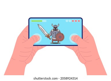 Man holding smartphone and playing the game. Mobile gaming concept. Warrior character with shield on screen. Vector illustration.