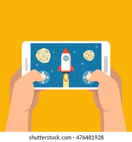 Man holding smartphone and playing in game. Mobile gaming concept. Flat vector illustration.