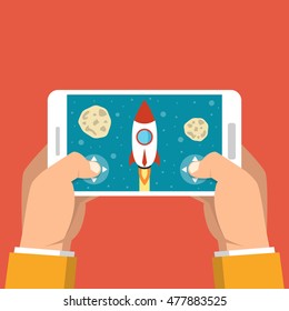 Man holding smartphone and playing in game. Mobile gaming concept. Flat vector illustration.