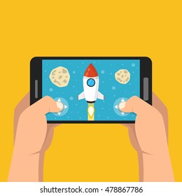 Man holding smartphone and playing in game. Mobile gaming concept. Flat vector illustration.