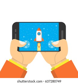 Man holding smartphone and playing in game. Mobile gaming concept. Flat cartoon style. Vector illustration.