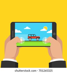 Man holding smartphone and playing in racing game. Mobile gaming concept. Flat cartoon style. Vector illustration.