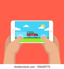 Man holding smartphone and playing in racing game. Mobile gaming concept. Flat cartoon style. Vector illustration.