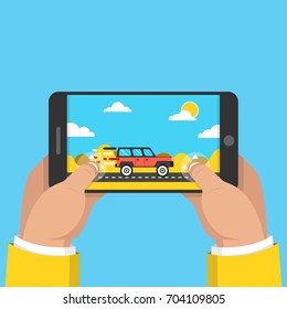 Man holding smartphone and playing in racing game. Mobile gaming concept. Flat cartoon style. Vector illustration.