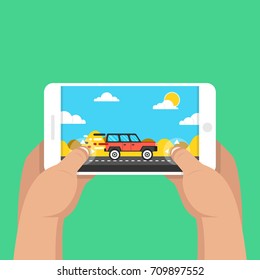 Man holding smartphone and playing in racing game. Mobile gaming concept. Flat cartoon style. Vector illustration.