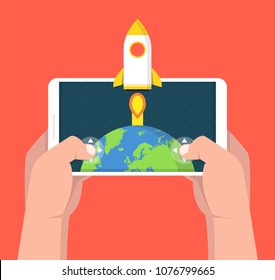 Man holding smartphone and playing in rocket game. Mobile gaming concept. Flat cartoon style. Vector illustration.