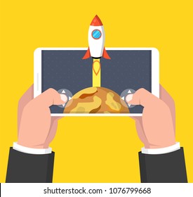 Man holding smartphone and playing in rocket game. Mobile gaming concept. Flat cartoon style. Vector illustration.