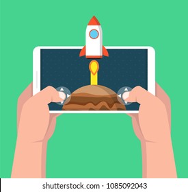 Man holding smartphone and playing in rocket game. Mobile gaming concept. Flat cartoon style. Vector illustration.