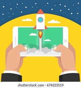 Man holding smartphone and playing in rocket game. Mobile gaming concept. Flat cartoon style. Vector illustration.