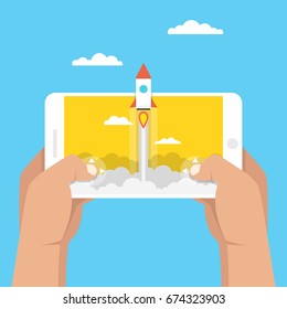 Man holding smartphone and playing in rocket game. Mobile gaming concept. Flat cartoon style. Vector illustration.