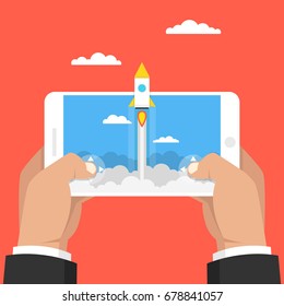 Man holding smartphone and playing in rocket game. Mobile gaming concept. Flat cartoon style. Vector illustration.