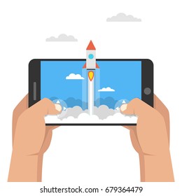 Man holding smartphone and playing in rocket game. Mobile gaming concept. Flat cartoon style. Vector illustration.