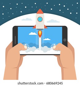 Man holding smartphone and playing in rocket game. Mobile gaming concept. Flat cartoon style. Vector illustration.