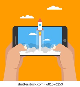 Man Holding Smartphone And Playing In Rocket Game. Mobile Gaming Concept. Flat Cartoon Style. Vector Illustration.