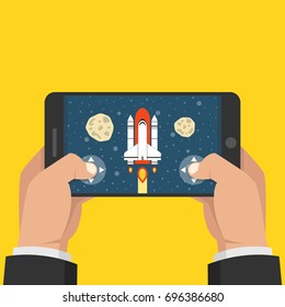 Man holding smartphone and playing in rocket game. Mobile gaming concept. Flat cartoon style. Vector illustration.