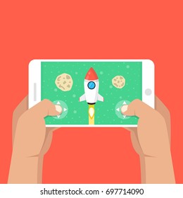 Man holding smartphone and playing in rocket game. Mobile gaming concept. Flat cartoon style. Vector illustration.