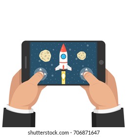 Man holding smartphone and playing in rocket game. Mobile gaming concept. Flat cartoon style. Vector illustration.