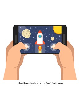 Man holding smartphone and playing in space game. Mobile gaming concept. Flat vector illustration.