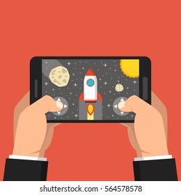 Man holding smartphone and playing in space game. Mobile gaming concept. Flat vector illustration.