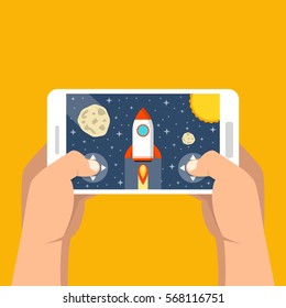 Man holding smartphone and playing in space game. Mobile gaming concept. Flat vector illustration.