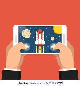 Man holding smartphone and playing in space game. Mobile gaming concept. Flat vector illustration.