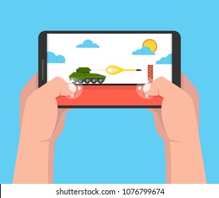 Man holding smartphone and playing in tank game. Mobile gaming concept. Flat cartoon style. Vector illustration.