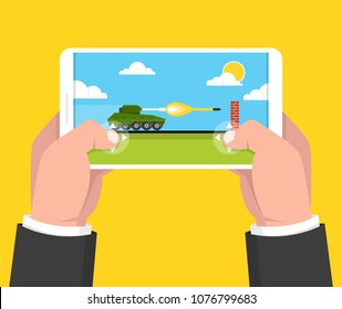Man holding smartphone and playing in tank game. Mobile gaming concept. Flat cartoon style. Vector illustration.