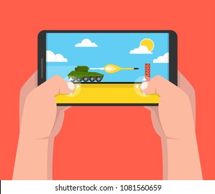 Man holding smartphone and playing in tank game. Mobile gaming concept. Flat cartoon style. Vector illustration.