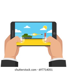 Man holding smartphone and playing in tank game. Mobile gaming concept. Flat cartoon style. Vector illustration.
