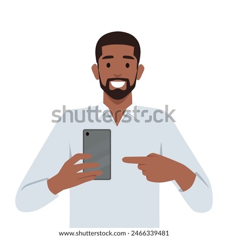 Man holding smartphone and pointing to it. Flat vector illustration isolated on white background