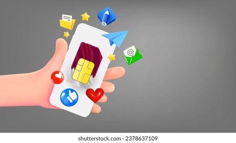 Man holding smartphone with Qatar mobile operator SIM card and app icons. Safety concept. 3d banner with copy space