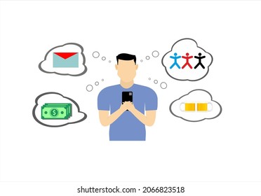 Man holding smartphone with random thought