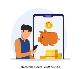 Man holding smartphone and saving money in online banking. Time for making digital bank transactions. Paying for goods via Internet. Online shopping benefits. Vector flat illustration