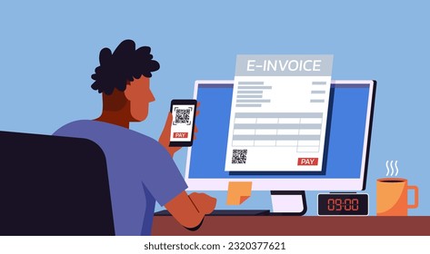 Hombre con el escaneo de smartphones Código Qr para pagar papel de documento de factura electrónica en pantalla de computadora, ilustración de vector plana