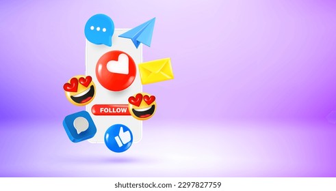 Man holding smartphone with Social media icons and emoji. Vector 3d banner with copy space
