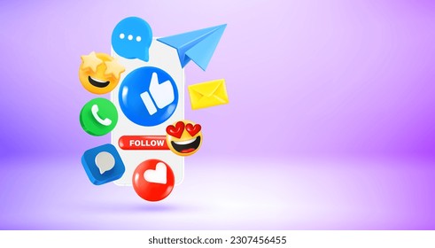 Hombre sostiene un smartphone con iconos en los medios sociales y emoji. Banner vector 3d con espacio de copia
