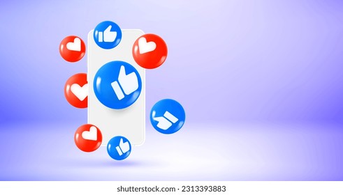 Man holding smartphone with Social media icons and emoji. Vector 3d banner with copy space
