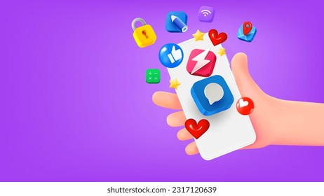 Man holding smartphone with social media app icons. 3d banner with copy space