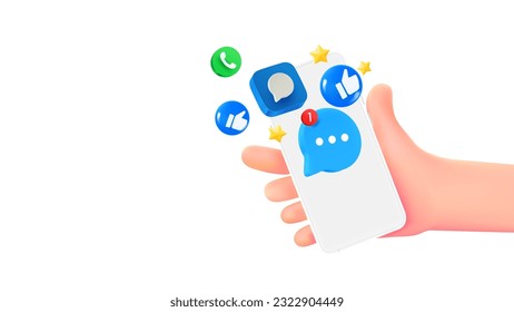 Man holding smartphone with social media emojis. 3d banner with copy space