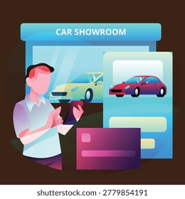 A man holding a smartphone standing in a car showroom with cars displayed