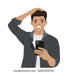 Man holding a smartphone, sweating and looking distressed, representing worry or shock. Flat vector illustration isolated on white background