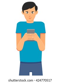 Man holding a smartphone or tablet vector illustration