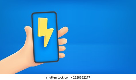 Man holding smartphone with thunderbolt icon. 3d vector banner with copy space